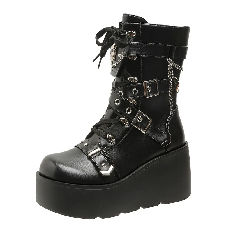 Women Punk Style Platform Ankle Boots Thick Sole Leather Buckle Strap Motorcycle Boots 9cm Chunky Skull Short Boots for Woman - view 6