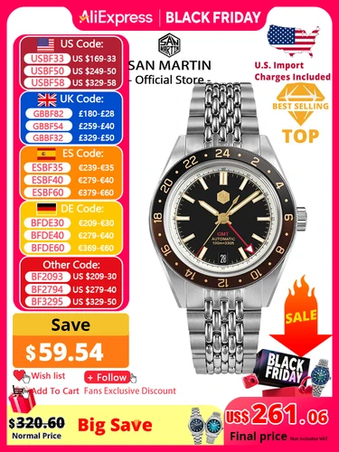 San Martin nuevo 39,5mm NH34 GMT reloj para hombre bisel de aluminio bidireccional zafiro mecánico automático de lujo 10Bar luminoso SN0116