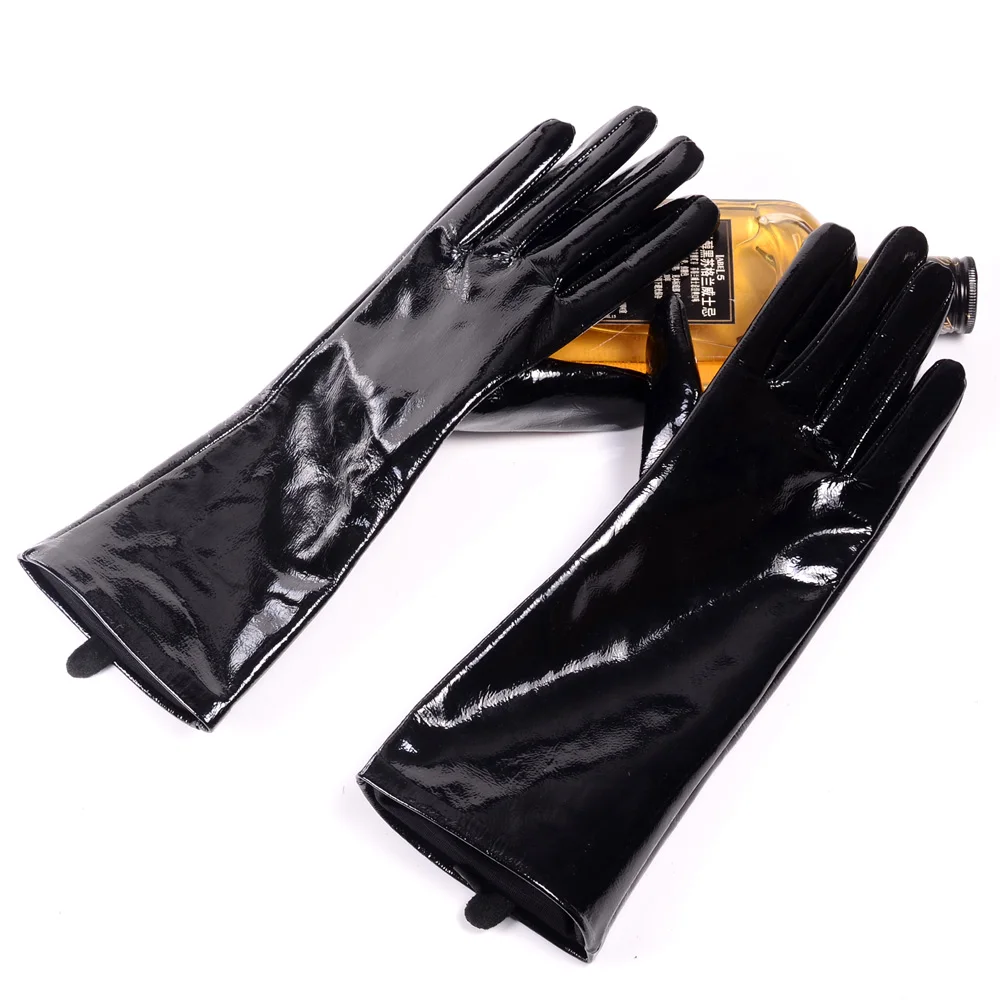 Patent Leather Long Gloves for Men Winter Bright Genuine Leathe Warm Motorcycle Riding Mittens Black 30cm 40cm Arm Long Eldiven