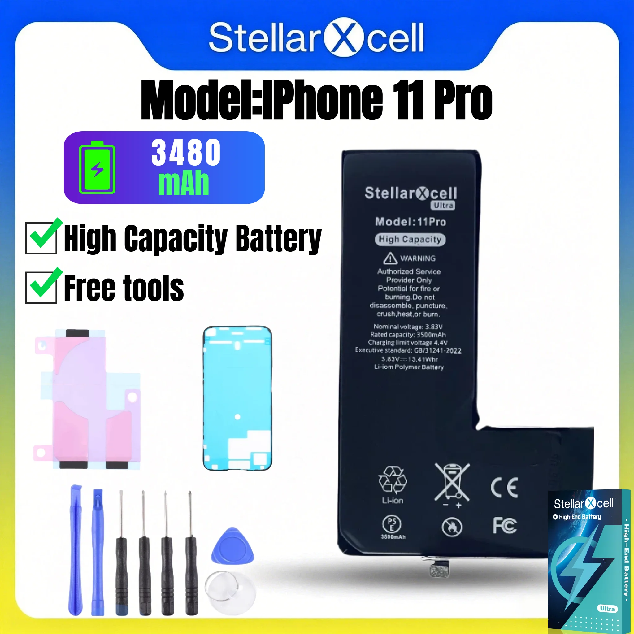 StellarXcell Ultra Akku für iPhone, Versand aus Deutschland, passend für iPhone 11, 11 Pro, 11 Pro Max, Hochkapazitätsakku hoher Qualität, Akkutausch mit kostenlosen Werkzeugen, null Ladezyklen,