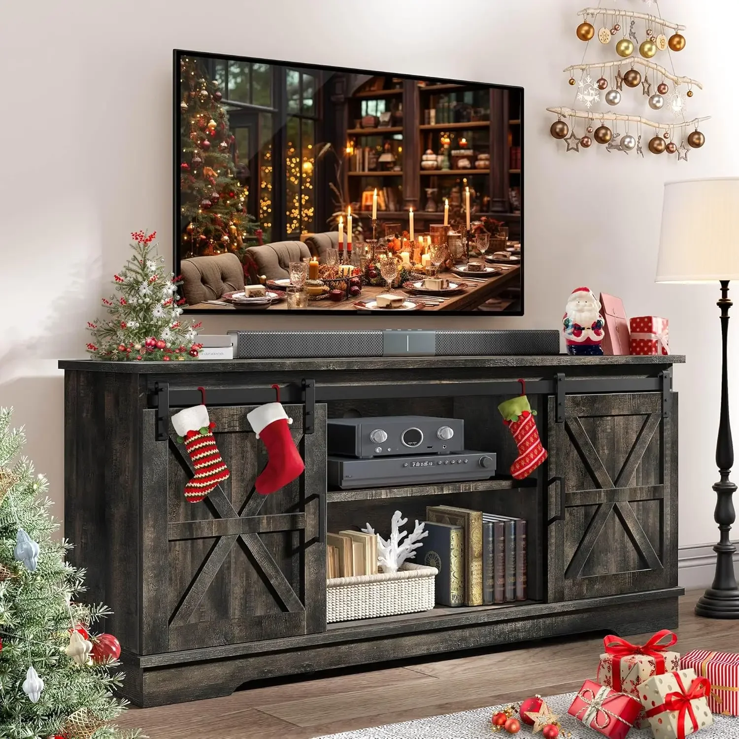 Farmhouse Entertainment Center with Storage Cabinet and Sliding Barn Doors, Rustic TV Cabin