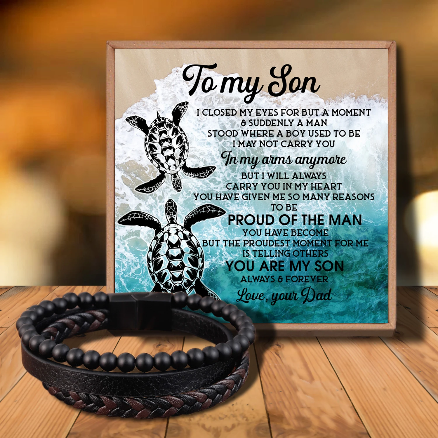 

Sab3038 Dad To My Son Ming Ao Fine Stainless Steel Jewelry Multi-Layered Men's Black Leather Beaded Bracelet High Quality