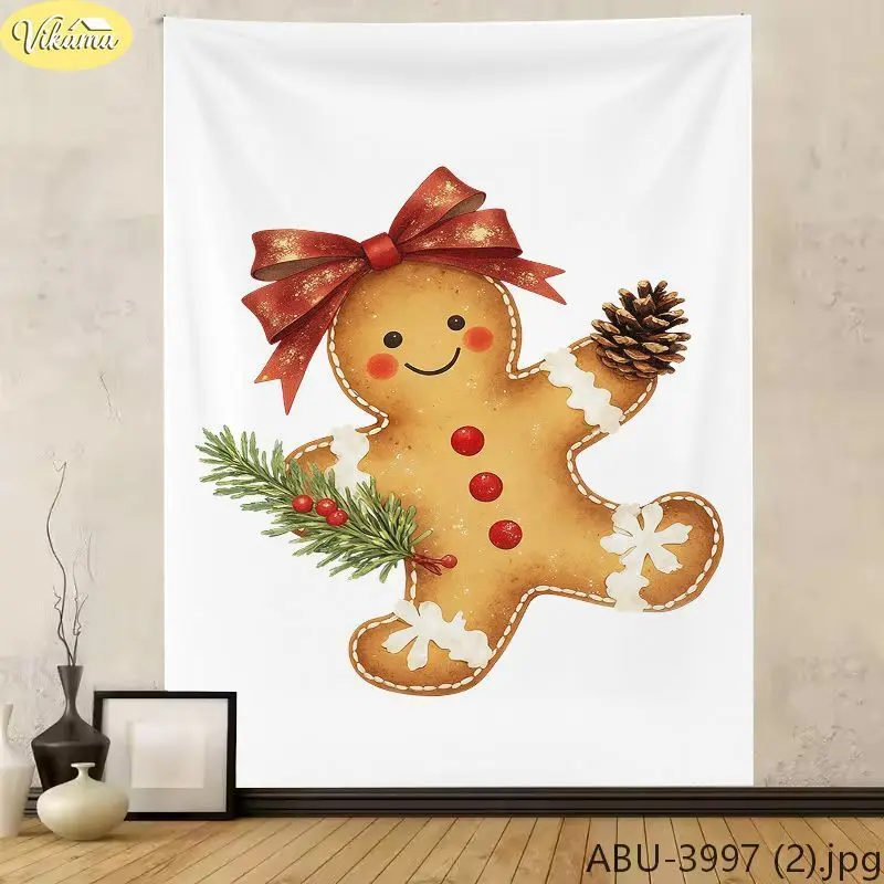 VIKAMA Christmas Wall Hanging Tapestry, Cute Gingerbread Man Bow Decorated Tapestry, Home Decor for Bedrooms and Living Rooms