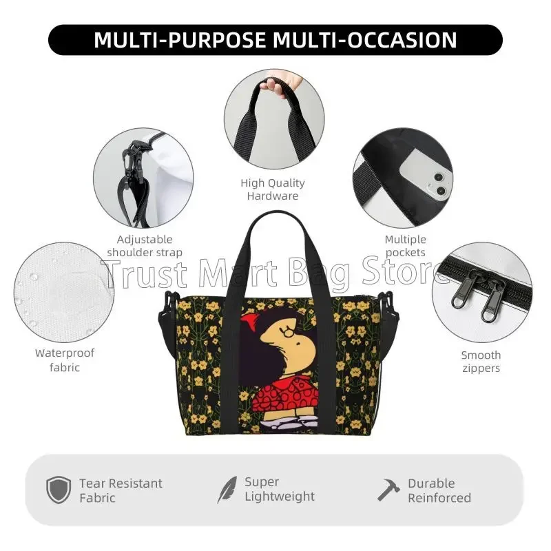 Cartoon Mafalda Print Handbagage Reistas Medium Opvouwbare Weekender Weekendtassen voor Dames Waterdichte Sport Gym Yoga Tas