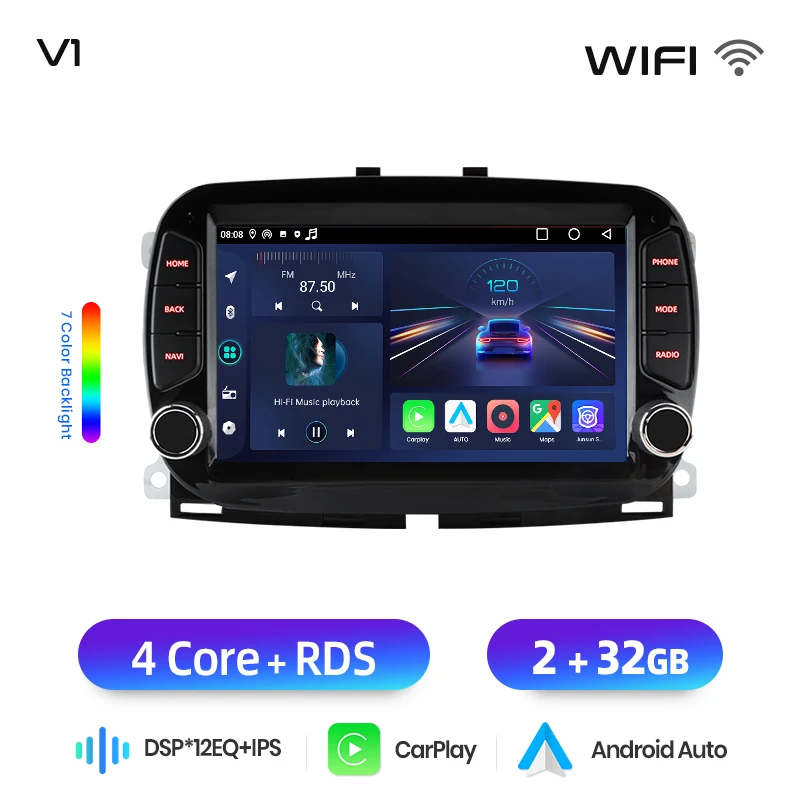 Junsun 7 "Draadloze CarPlay Android Auto Radio voor Fiat 500 2016 2017 2018 2019 GPS Stereo Multimedia WiFi 4G 8core RDS