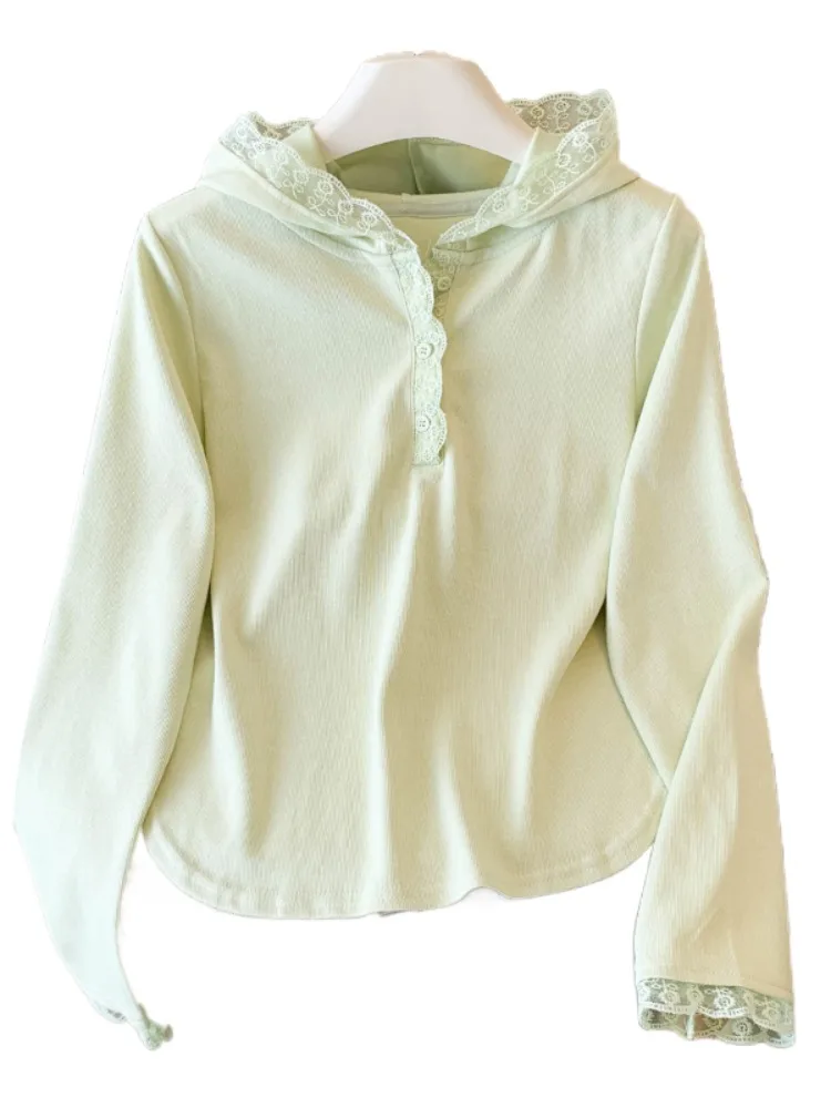 Camiseta con capucha larga de retazos de encaje para mujer, diseño de principios de otoño, Top ajustado ort, Self-kept Sle, viaje coreano Sle Cotto...