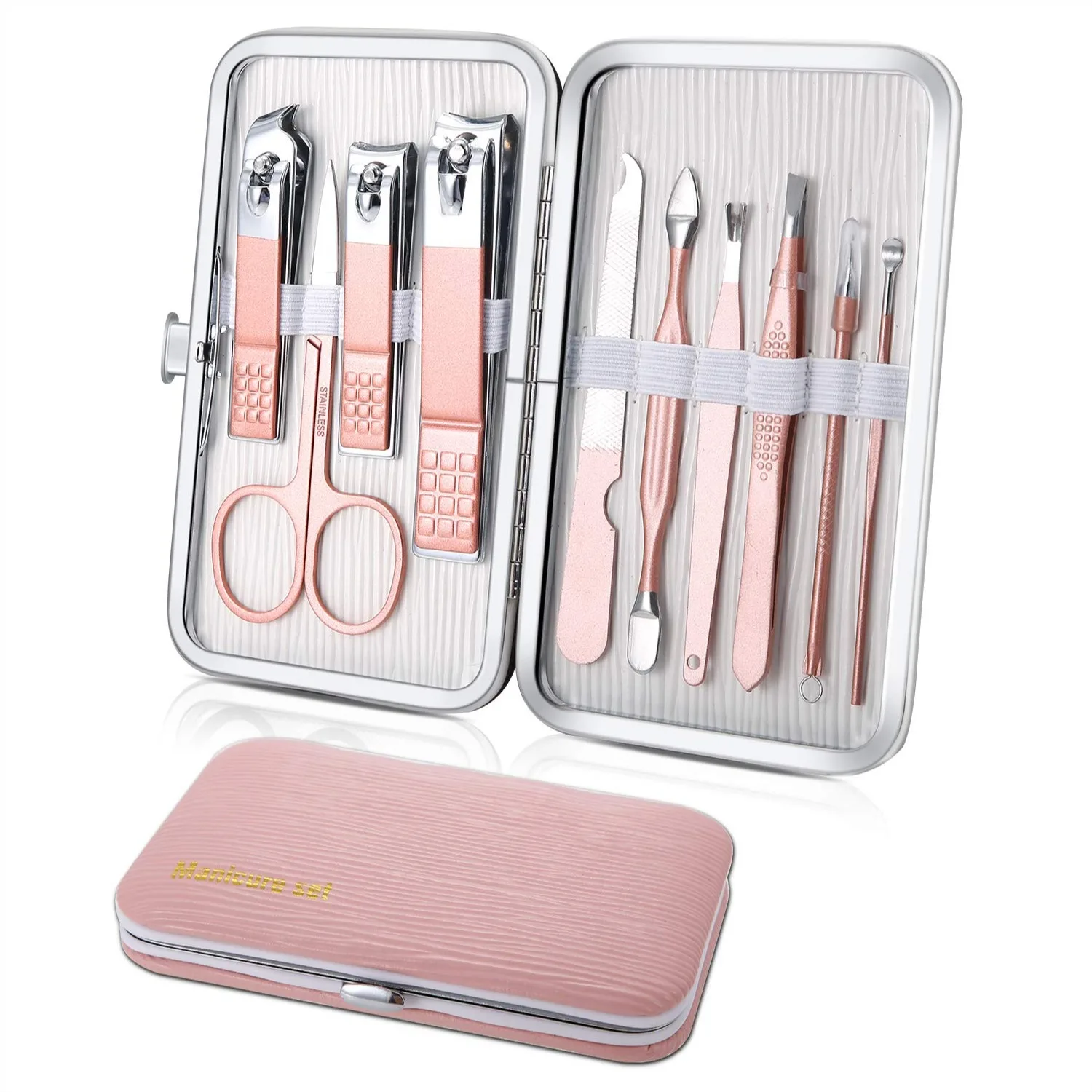 

Travel Manicure Set with Stainless Steel Tools, 10pcs Nail Clippers Kit for Pedicure and Grooming, Pink