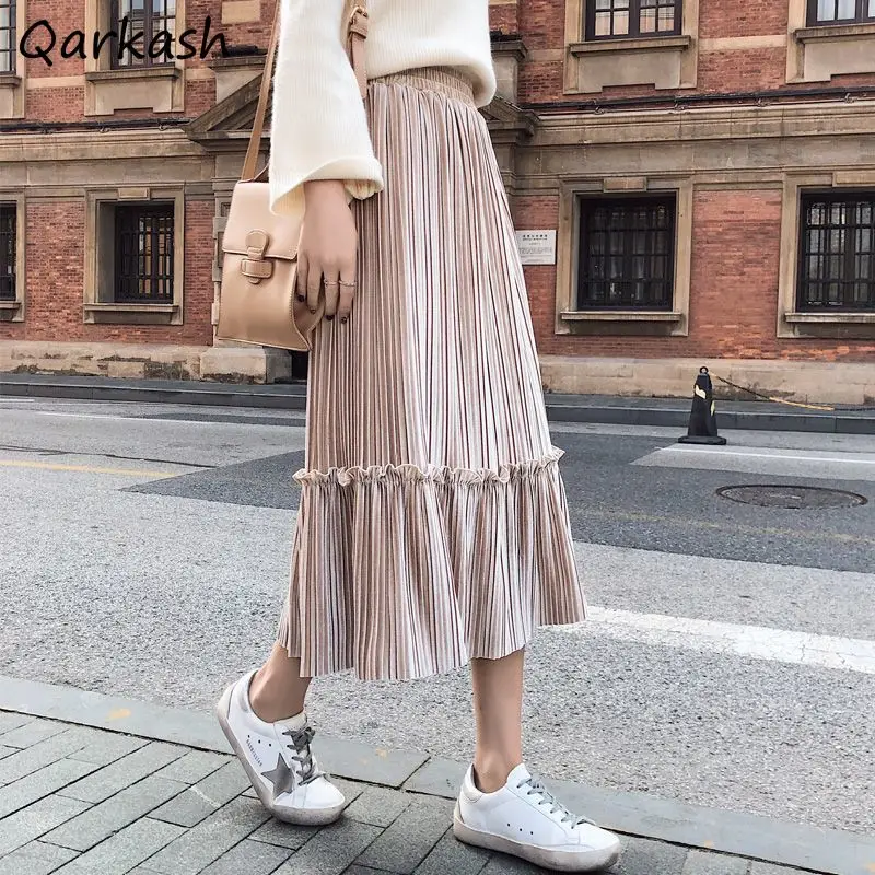 

Autumn Cozy Soft Midi Skirts Women Loose Ruffles Designed Vintage French Style Aesthetic High Waist Simple Gentle Popular Faldas