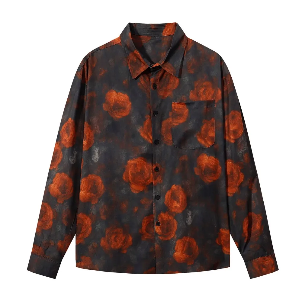 

Темные эстетические свободные гавайские рубашки с пламенным принтом в стиле гранж и длинными рукавами, готическая мужская и женская уличная одежда, топы на пуговицах Aloha, зима-весна