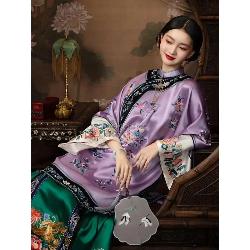 Vêtements de princesse de style chinois qing, mandarine orientale, haut imprimé floral rétro, qipao traditionnel Cheongsam ample, 2025