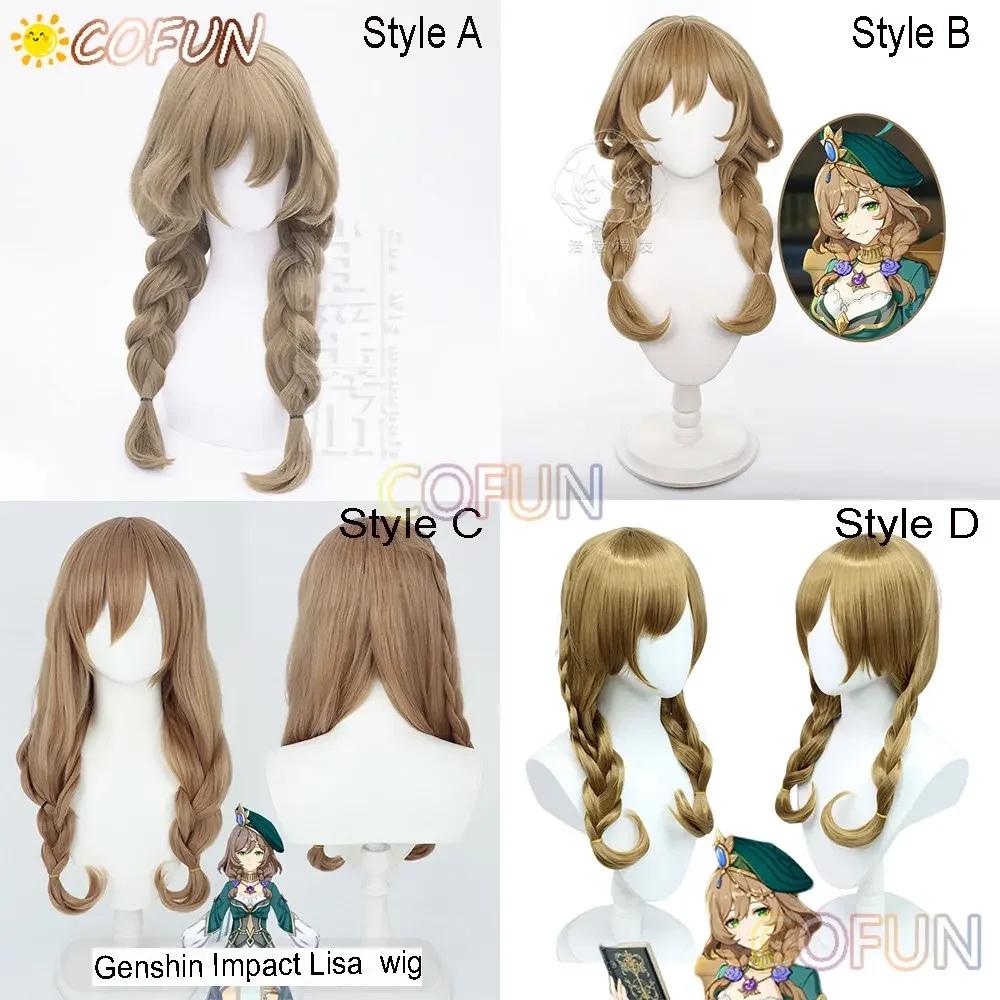 COFUN Genshin Impact Lisa Minci Cosplay Wig Long Brown Double Twist Braid Wig Lisa Heat Resistant Fibre Wigs + Wig Cap Game