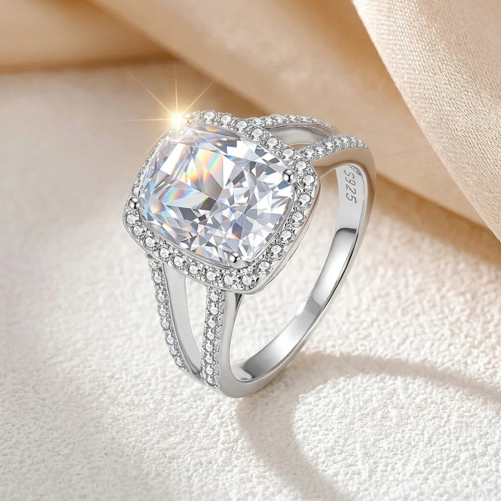 Women 925 Sterling Silver Platinum Plated 6CT Cushion Moissanite Halo Split Shank Pave Ring Wedding Engagement Promise Ring GRA