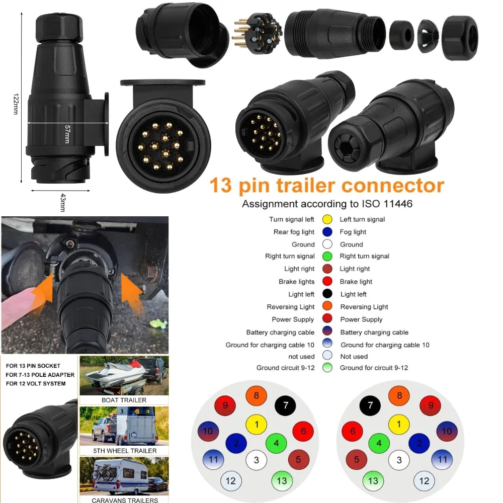 12V 7 Way / 13Way Round Standard European Car Plug Connector Car Trailer 7/13 Pin RV Socket Plugs for Trailers