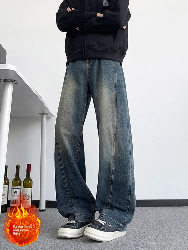 

Ретро Waed Fce Lined Thiened Прямые джинсы Мужские повседневные брюки прямого кроя Осень-зима Свободные джинсы