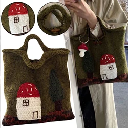 Vintage Knitted Bag for Women Cute Casual Tote Bag Mushroom House Hand-made Tote Bag for Everyday Life Travel School Trip