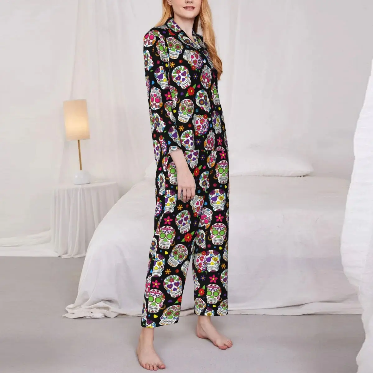 Trendy Floral Skull Pajamas Set Autumn Colorful Sugar Skulls Cute Room Sleepwear Women 2 Piece Casual Loose Oversized Nightwear