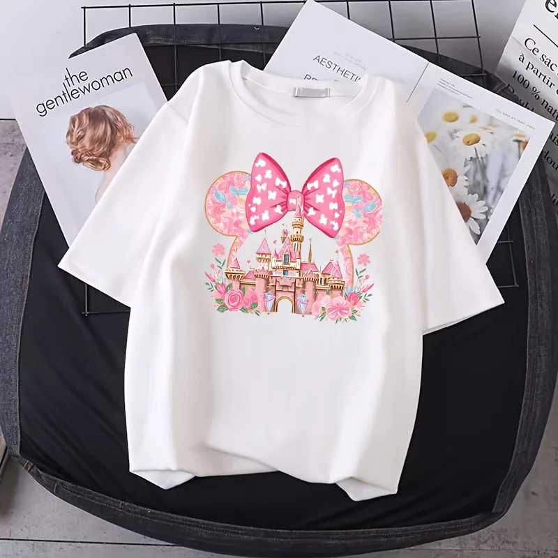 Disney Minnie Mouse Castle Bedrucktes rosa Blumen- und Schleifen-T-Shirt aus reiner Baumwolle Damenbekleidung Lustiges Muster Harajuku-Shirt