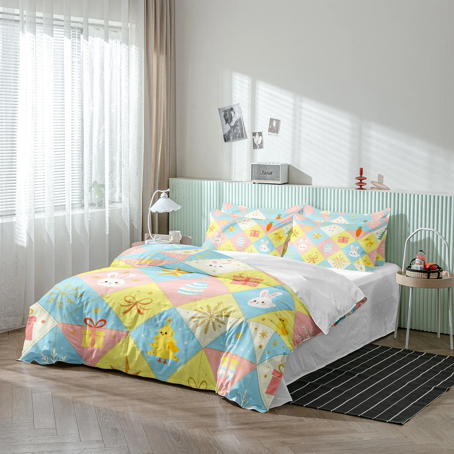 3Pcs Cute Bunny Chick Egg Gift Snowflake Diamond Print Duvet Cover Set, Pastel Patchwork Bedding, Soft Microfiber Bedroom Decor