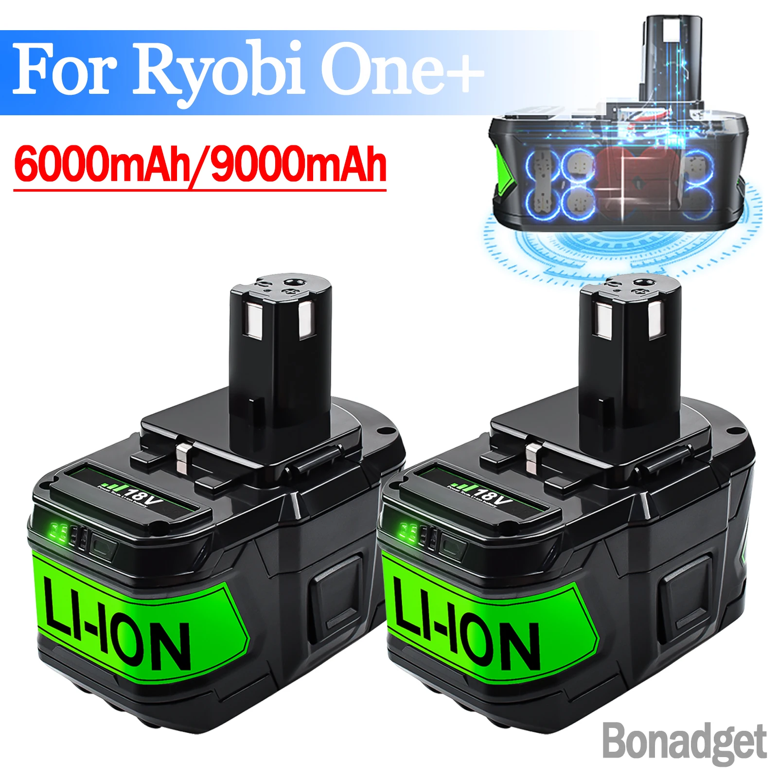 Bonadget 6.0Ah/9.0Ah 18V Replacement Battery for Ryobi 18V Lithium Battery for P108 P102 P103 P104 P105 P109 ONE+ Cordless Tool