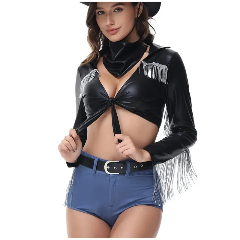 

Sexy Disco Costume Leather Top Hot Pants Outfit Adult Western Cowboy Stage Performance Singer Dancewear Retro 70s Showgirl Suit