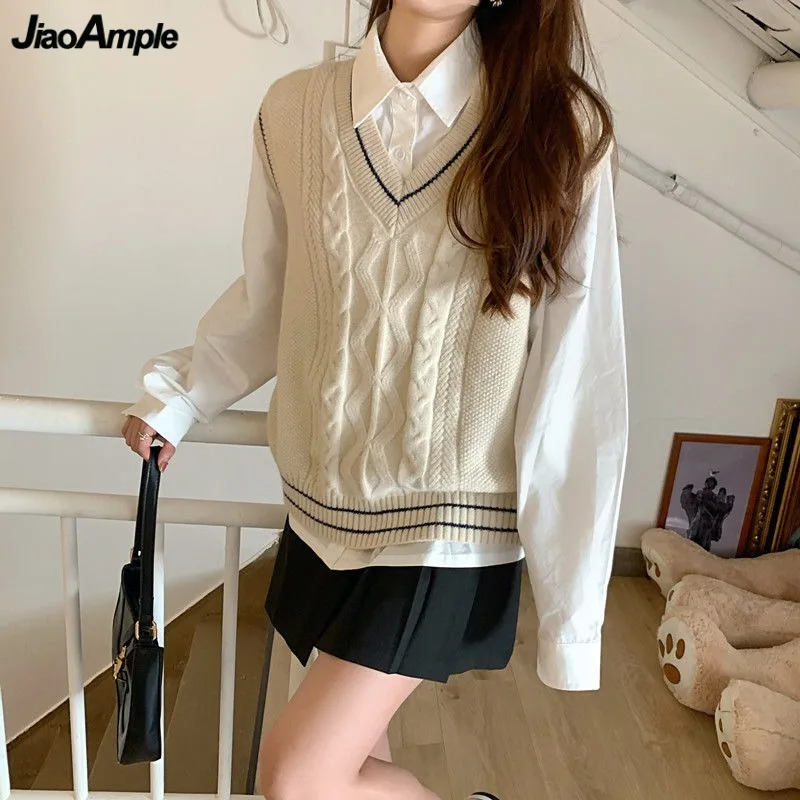Women Spring Autumn Preppy JK Uniform Loose Sweater Vest Shirts Mini Pleated Skirts Sets Lady V-Neck Knit Tops Blouse Skirt Suit