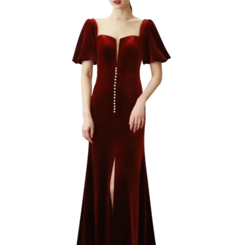 Robe longue en velours queue de poisson, tempérament rouge, toast, nouvelle collection