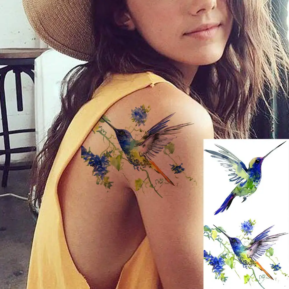 15 Sheets 3D Watercolor Hummingbird Temporary Tattoos For Women Girl, Small Temp Fake Tattoos Hummer Birds Flowers Tatoos Adults