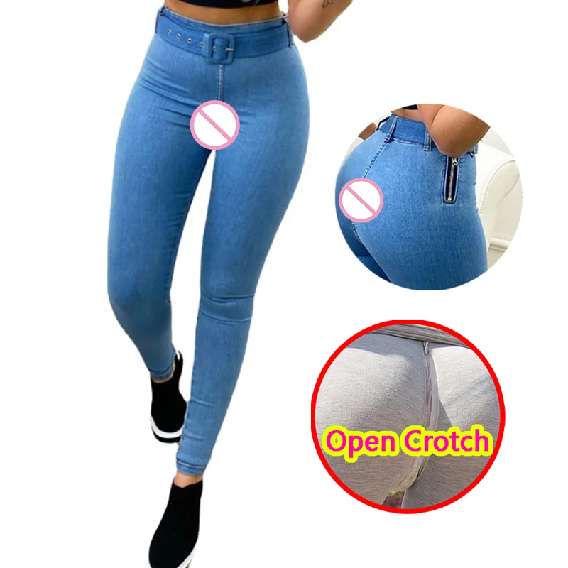 Woman Open Crotch Fake Jeans Leggings with Pockets Hidden Zippers Tight High Rise Hot Pants Erotic Crotchless Panties Clubwear