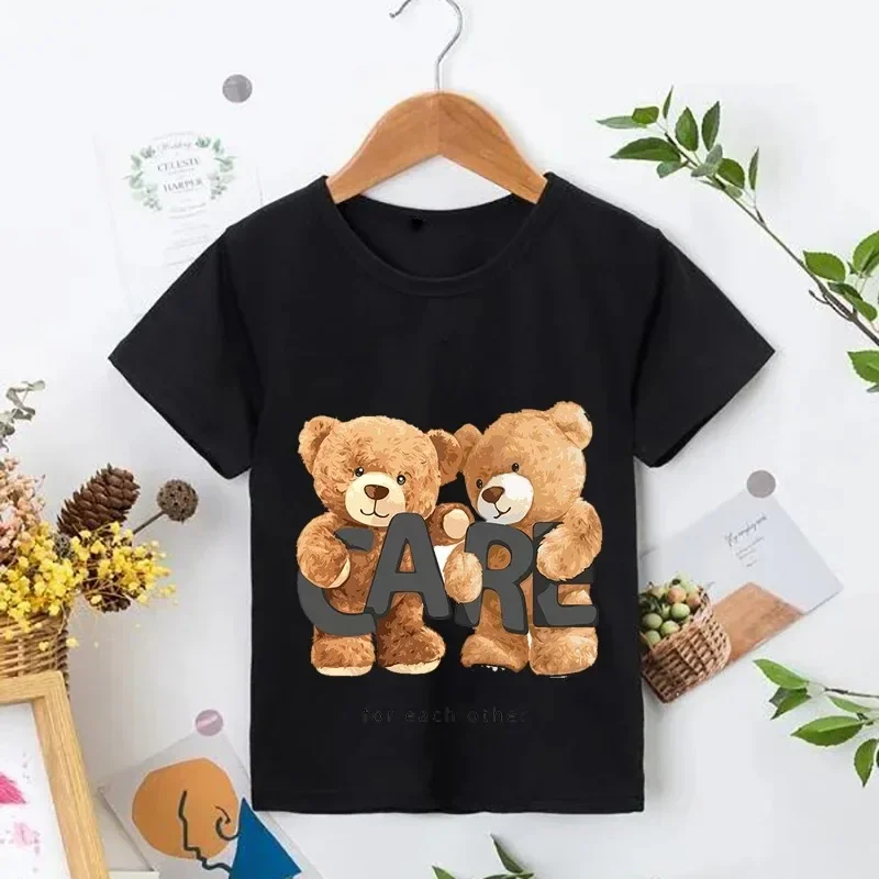 

Kids Teddy Bear Skateboard Bear Print BoysGirls White T-shirt black Summer Funny Clothes Little Baby Y2K Clothes,Drop Ship