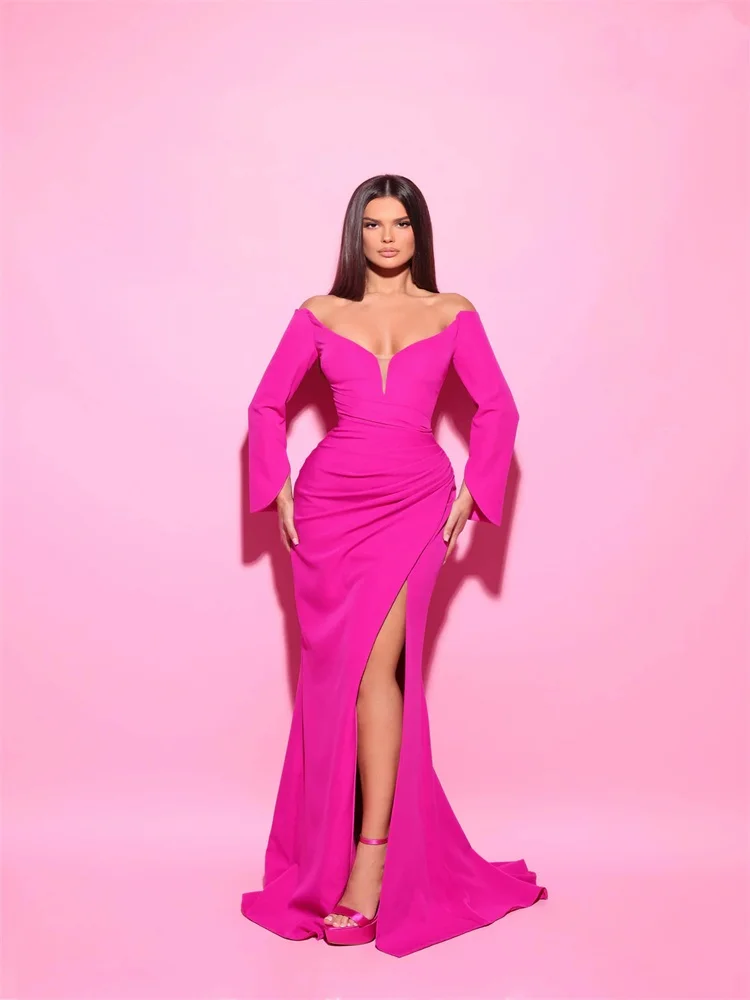 

New Arrival Sweetheart Neckline Long Sleeves Column Evening Dress Back Zipper Floor Length High Slit Sweep Train Gown For Women