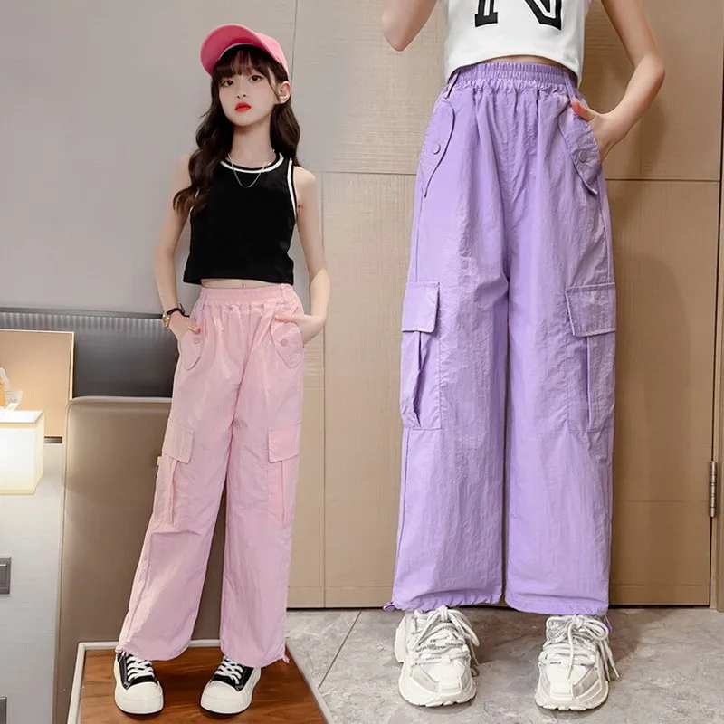 Girls Cargo Trousers Spring Fashion Teen Oversize Pants With Belt Pockets Harajuku Vintage Loose Straight Summer Kids Clothes