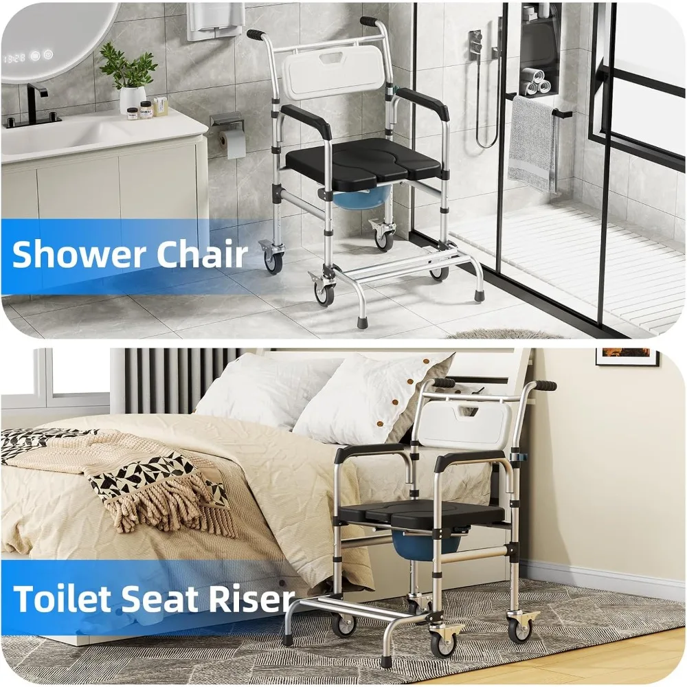 Health & Household 4 in 1 Rolling Bedside Commode Chair with Wheels for Elderly, Shower Chair with Handles