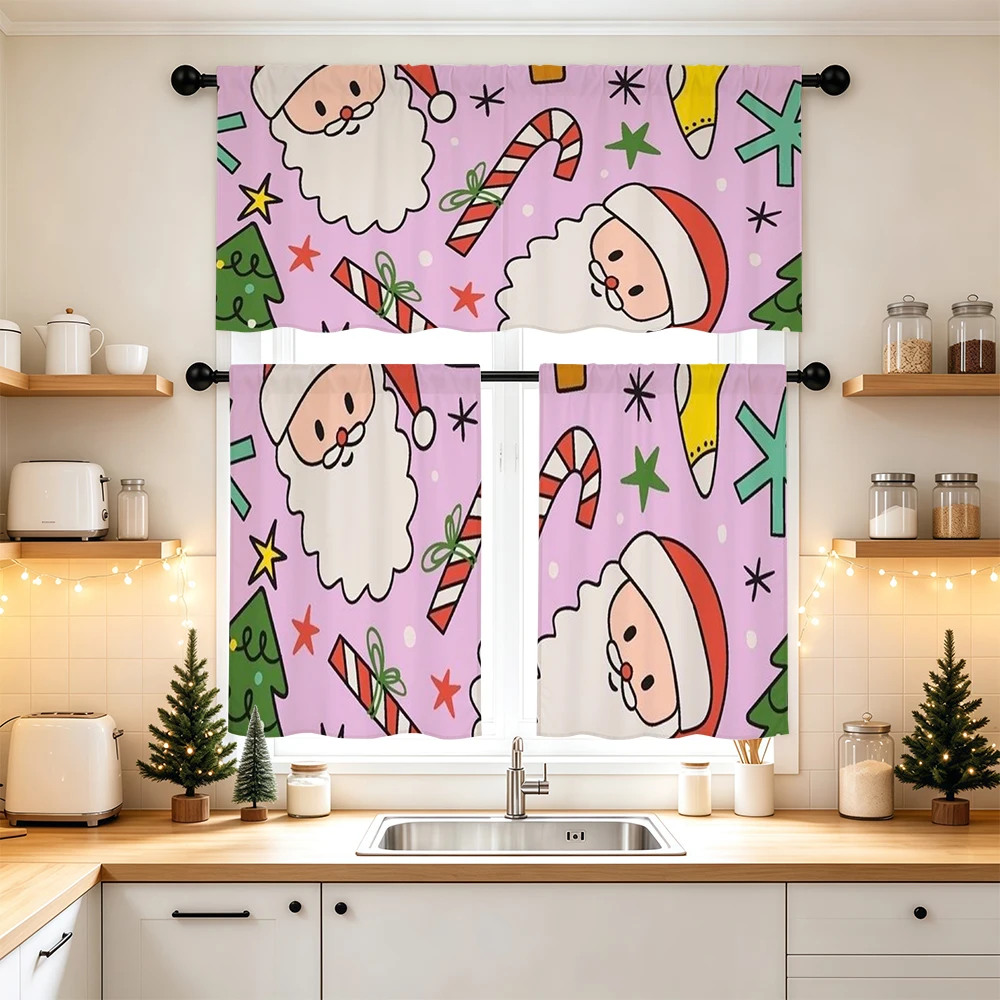 Christmas Kitchen Curtains, Cartoon Santa Tree Candy Cane, Digital Print, Kitchen Dining Room, Rod Pocket Polyester, Home Decor