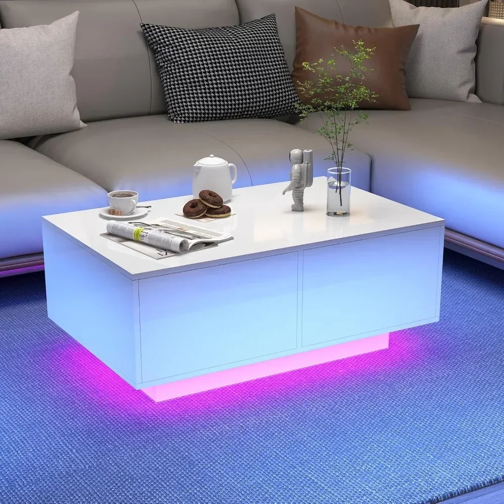 LED Coffee Table with 4 Storage Sliding Drawers, High Glossy Modern Center Table with 20 Colors LED Lights, Café Tables