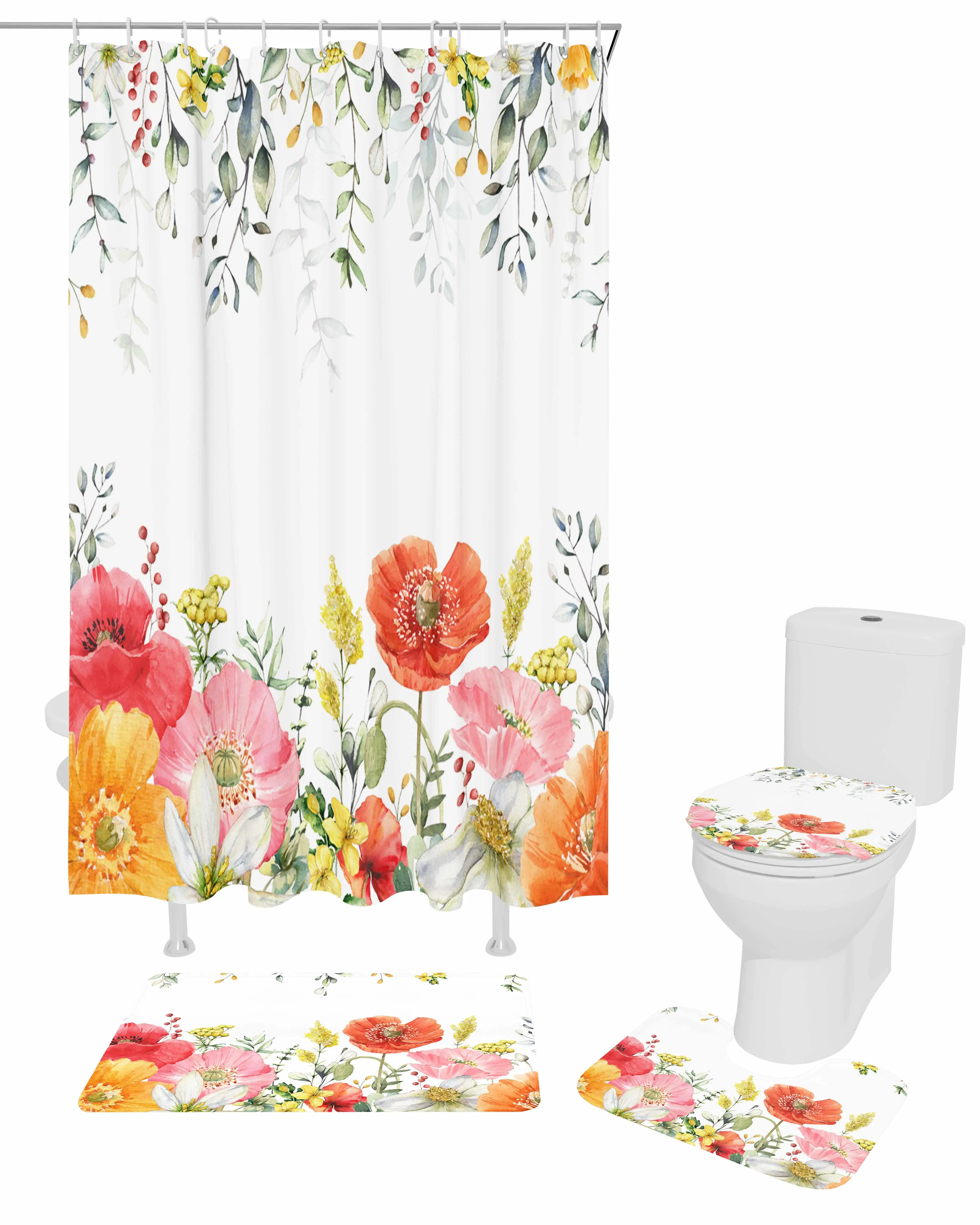 Spring Tulip Flowers Leaves Shower Curtain Non-Slip Rugs Toilet Lid Cover and Bath Mat Bathroom Curtains with Hooks