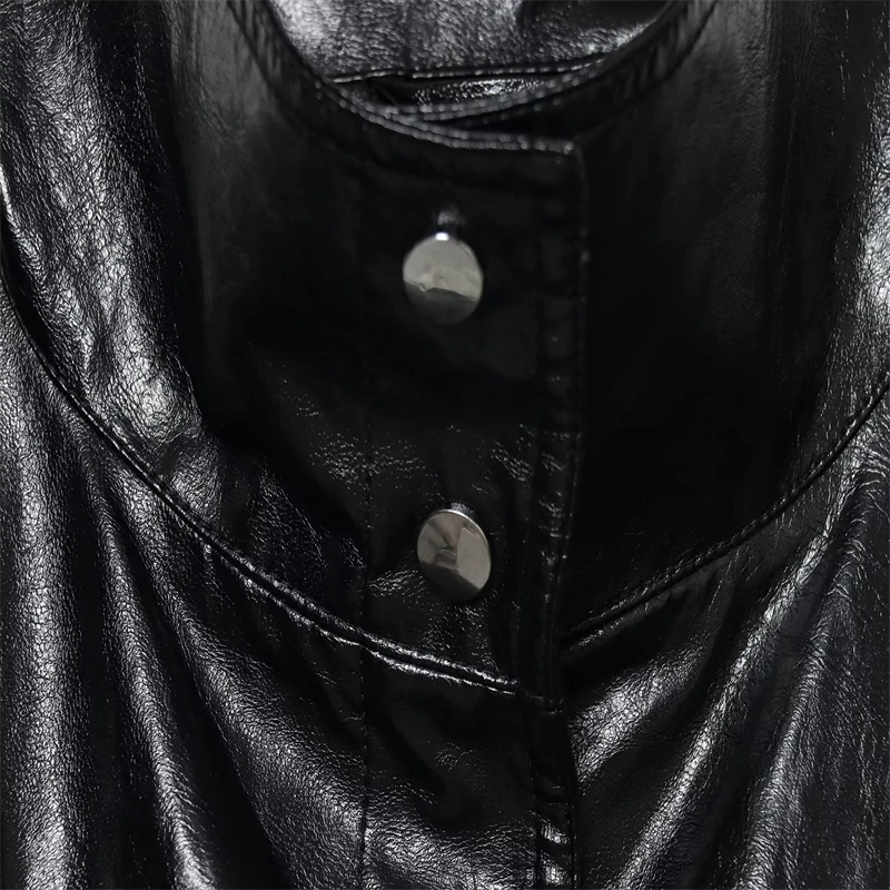 Casaco preto com gola alta com textura de couro retrô e design com zíper jaqueta de couro sintético feminina