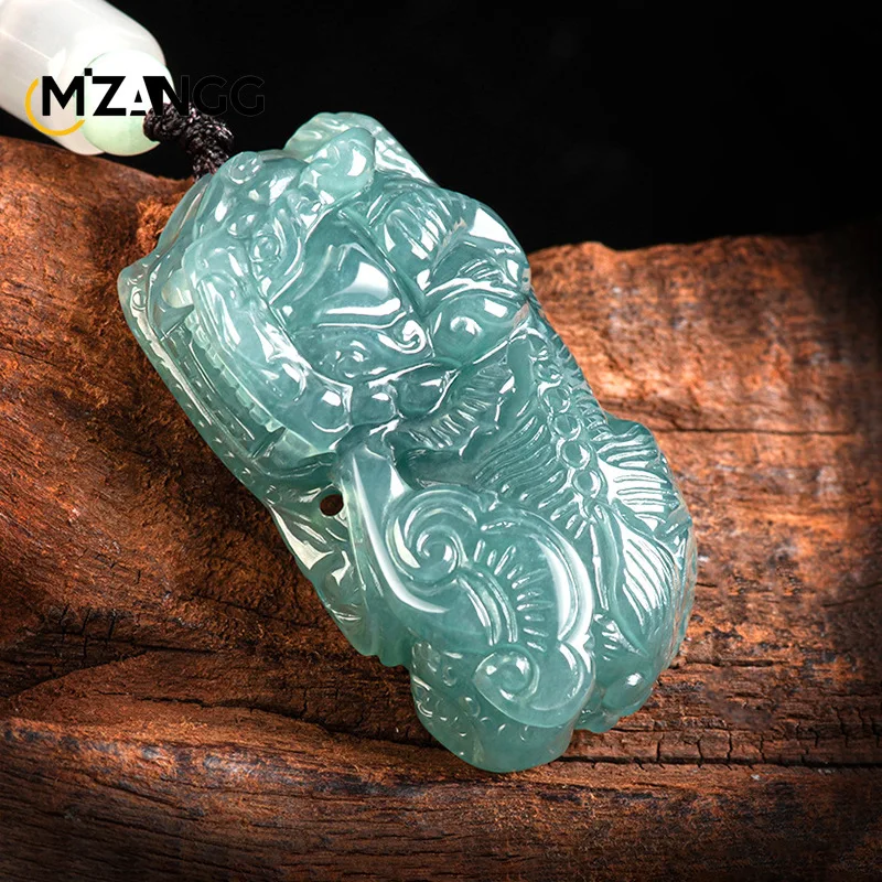 

Natural A-goods Jadeite Blue Water Overlord Pi Xiu Pendant Exquisite Luxury Men and Women Mascots Jade Necklace Holiday Gift