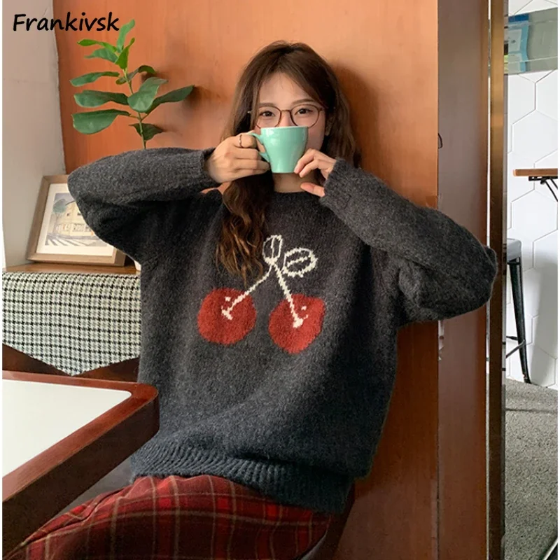 

Vintage Sweaters Women Cherry Pattern Baggy Cute Korean Style Knitting All-match Youthful Popular Streetwear Long Sleeve Autumn