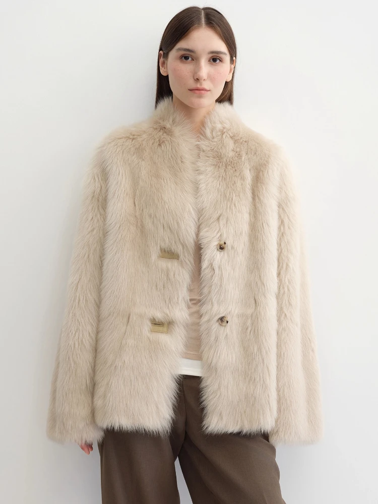 الراقية الفاخرة توسكانا لامب الفراء شيرلينغ الستر للنساء 2025 جديد بسيط الوقوف طوق الشتاء جلد طبيعي معطف الفرو الحقيقي