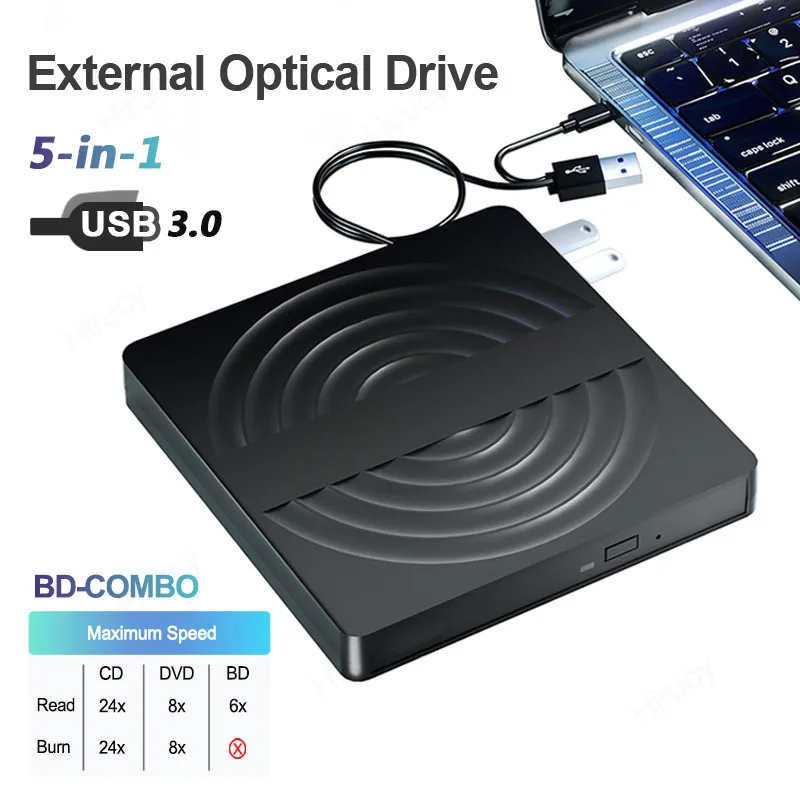 

5-in-1 External Blu-ray Drive Portable CD DVD RW Optical Drives 3D BD-Combo Player Burner for Laptop PC Windows Mac