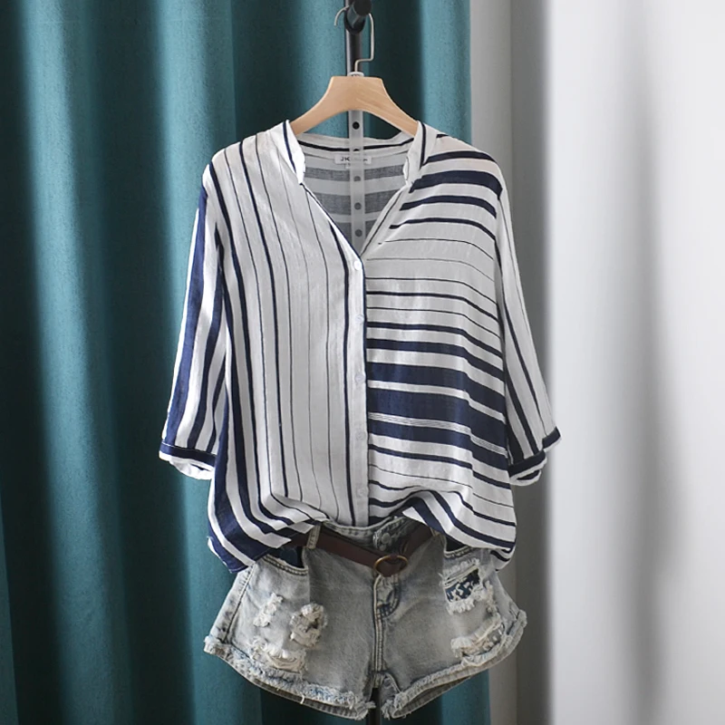 

Asymmetrical Striped Cotton Linen Women Shirts Summer Vintage V-Neck Straight Batwing Sleeved Casual All Match Female Outwears