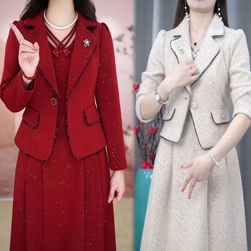 Gaun wanita paruh baya, set gaun wanita paruh baya musim semi musim gugur High End elegan Blazer mantel dan gaun panjang 2 potong gaun temperamen OL wanita