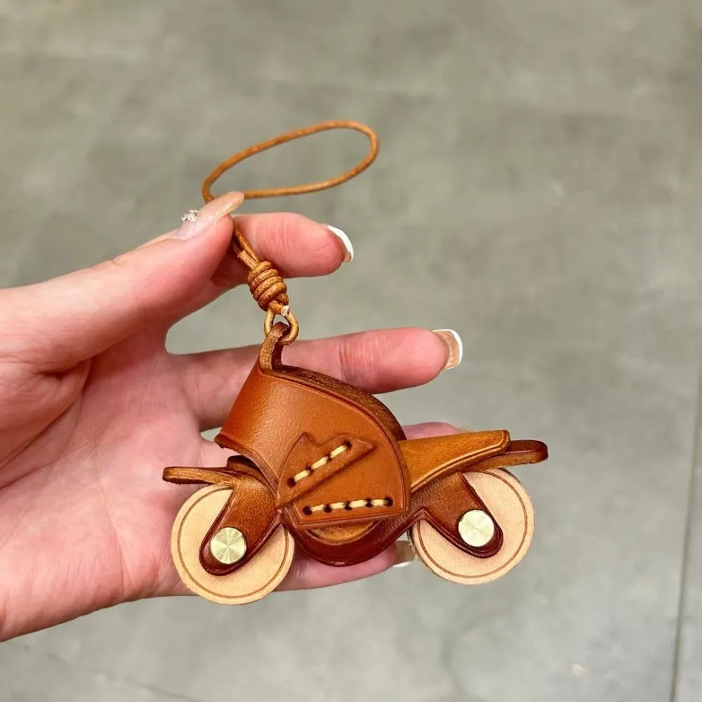 Genuine Leather Handmade Motorcycle Shaped Bag Charm, Vegetable-Tanned Cowhide Keychain, Exquisite Small Ornament for Bags
