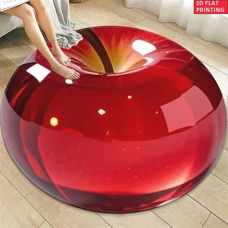 2D Glossy Red Apple Visual Effect Round Floor Rug, Creative Fruit‑themed Decor Mat for Living‑room, Bedroom and Household Indoor