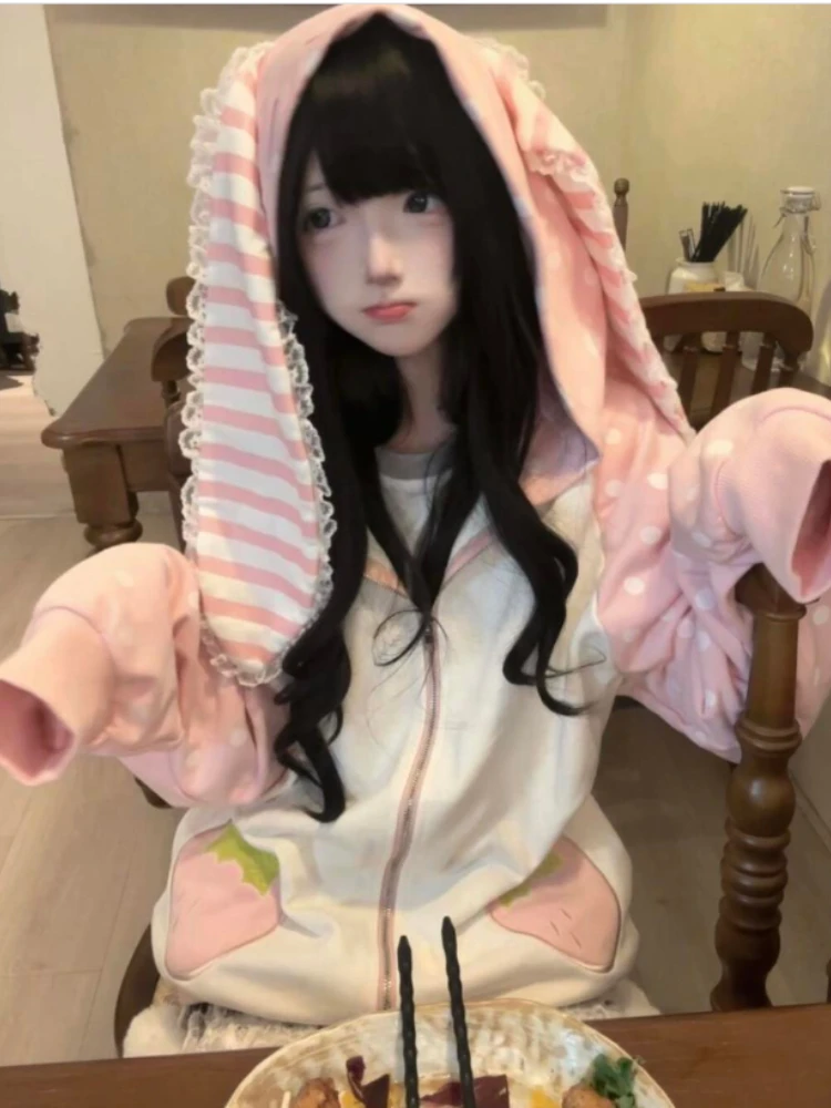 اليابانية Kawaii آذان أرنب هوديس فضفاض البولكا نقطة المرقعة المرأة الجرونج هودي Y2k الجمالية الجنية الفراولة البلوز #3