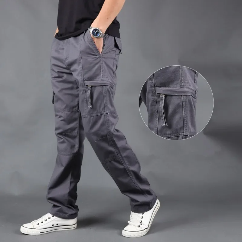 Men's Large Size Multi Pocket Overalls Straight Loose Cotton Cargo Pants Spring Autumn Male Outdoor Sports Military Trousers