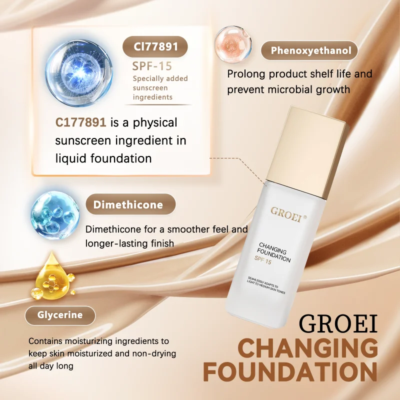 GROEI Changing Foundation FPS 15 - 30ml Maquiagem adaptativa de cor, combina automaticamente seu tom de pele, cobertura leve para manchas e vermelhidão