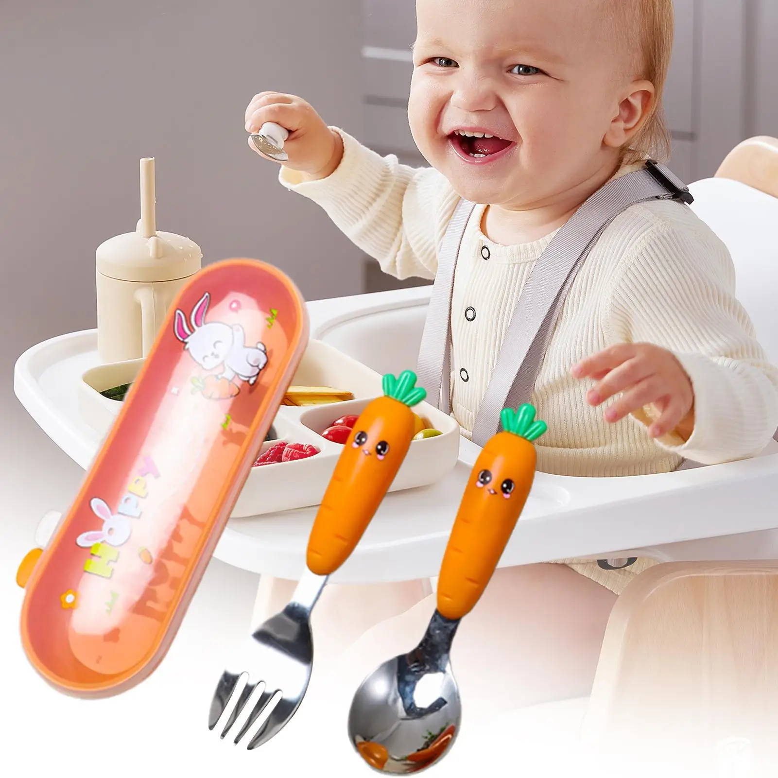 Set di utensili per bambini Kit di posate per bambini in acciaio inossidabile con custodia Set di stoviglie per alimentazione comprese forchetta e cucchiaio per