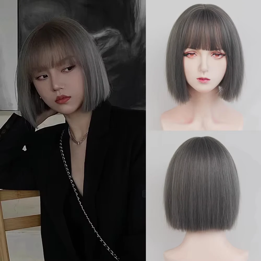 

VICWIG Gray Short Straight Wigs with Bangs Synthetic Lolita Cosplay Women Hair Wig for Daily Party