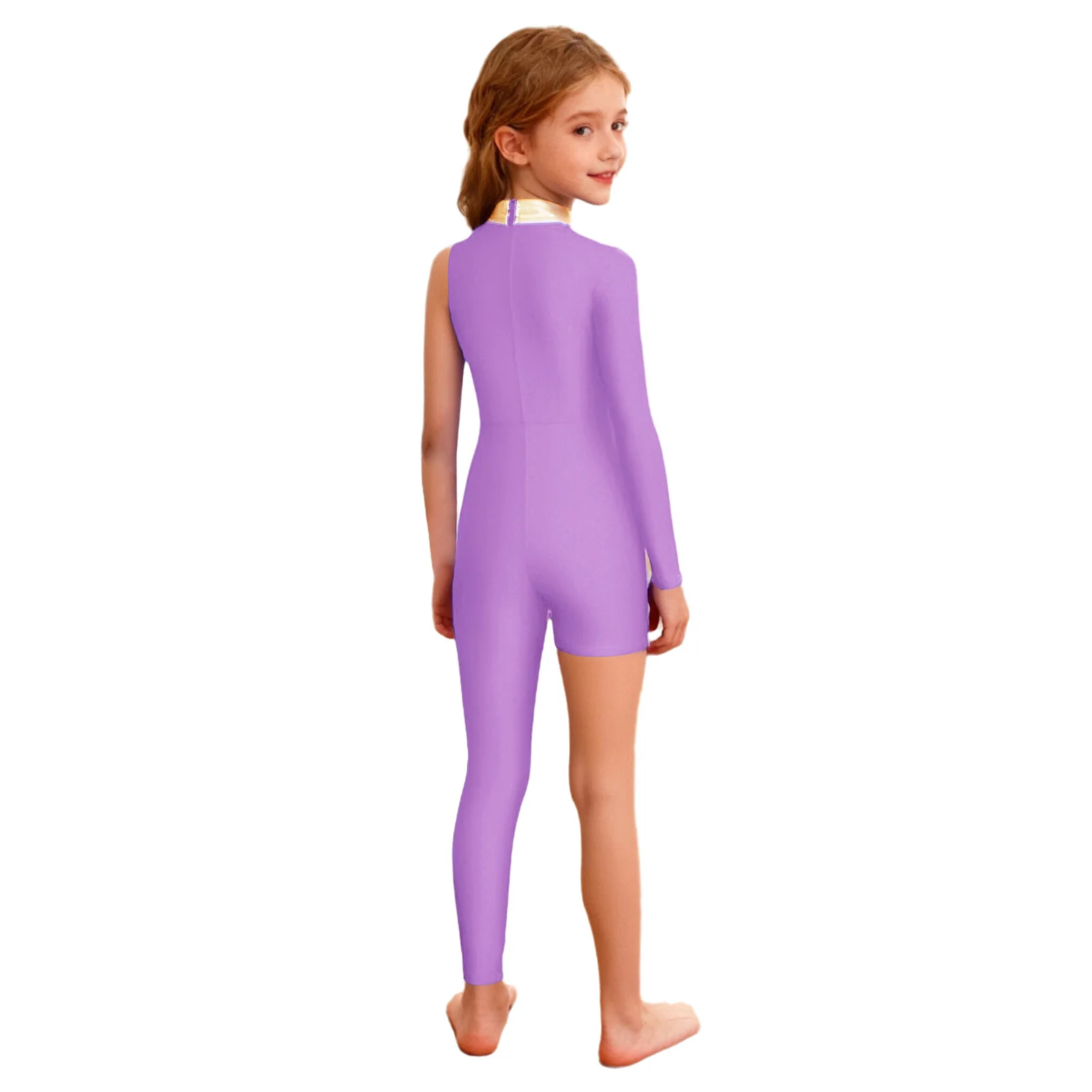 بدلة رقص لامعة للفتيات الصغيرات برقبة وهمية وسحاب خلفي غير مرئي وكتلة ألوان غير متماثلة